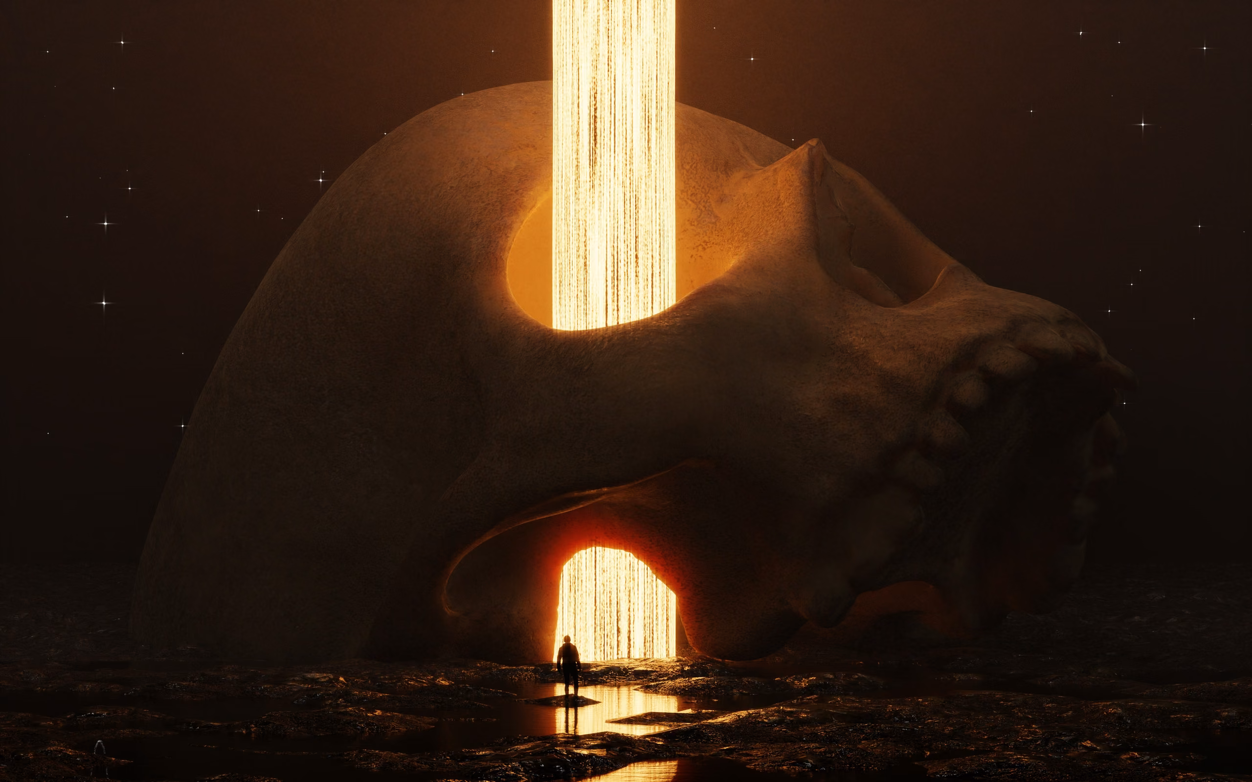 A laser going through an empty skull through its eye socket
